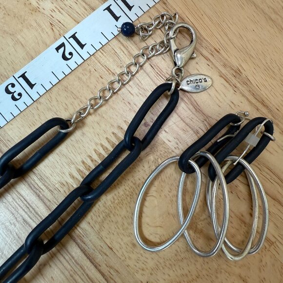 Chico's Layered Silver & Black Oval Link Necklace Earring Set, Statement, Biker - Picture 9 of 9